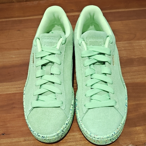 Puma Kids Suede Mono Triplex Neon Lace Up Sneakers Green - Picture 5 of 16